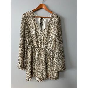 June & Hudson Leopard Print Long Sleeve Romper | XL | Boho Ruffle Hem
